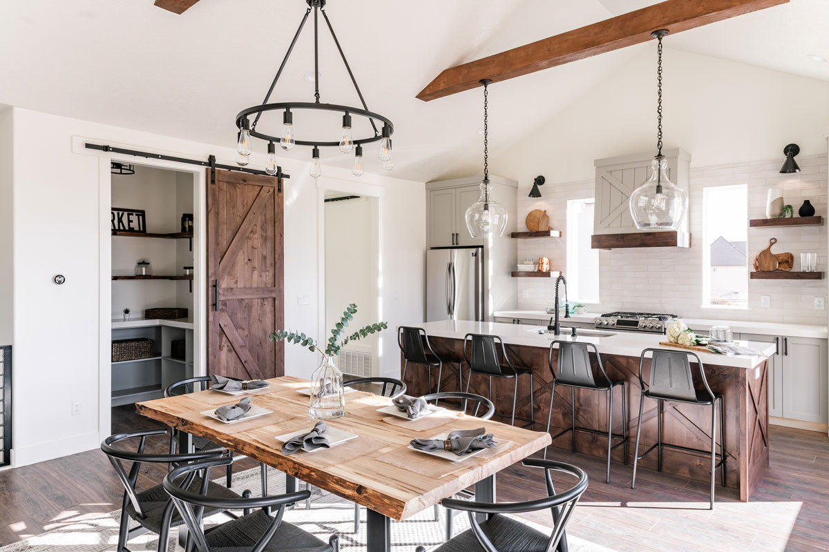 Interior design of beautiful transitional ranch styled kitchen and dining area. Designed by interior designer Erica LeMaster Sargent. 