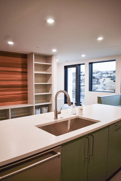 Interior design of kitchen island with light green cabinets and sink. Designed by interior designer Erica LeMaster Sargent. 