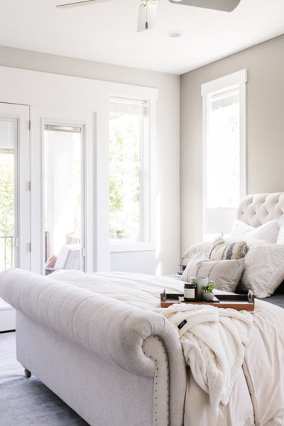 Interior design of bedroom with balcony for home in Utah’s 2020 Parade of Homes. Designed by interior designer Erica LeMaster Sargent. 