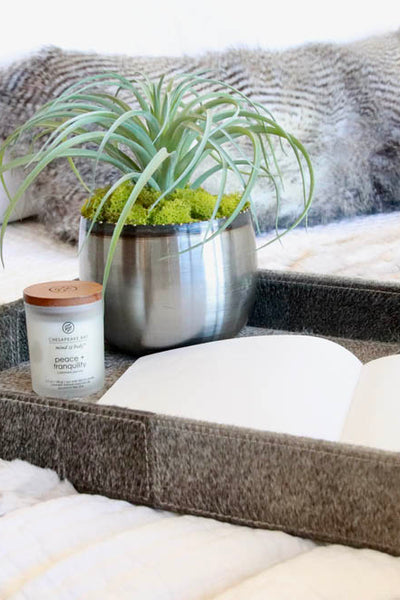 Interior design of bedside tray with modern decor. Designed by interior designer Erica LeMaster Sargent. 