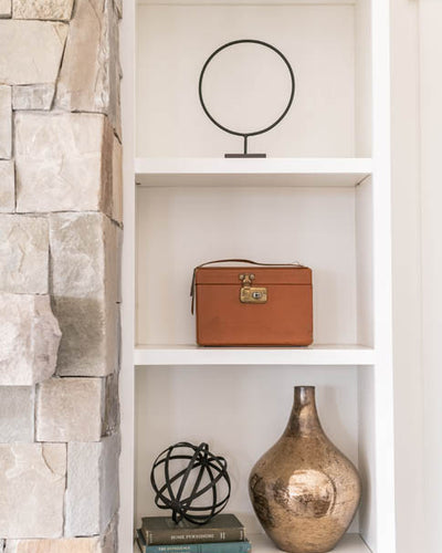 Interior design of decorated shelves in transitional farmhouse. Designed by interior designer Erica LeMaster Sargent. 